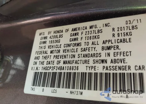 2011 Honda Accord Lx from USA, damaged, VIN 1HGCP2F34BA108836